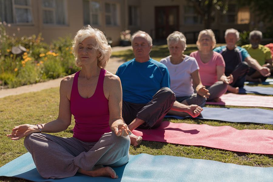 Senior women and men doing yoga at an outdoor park